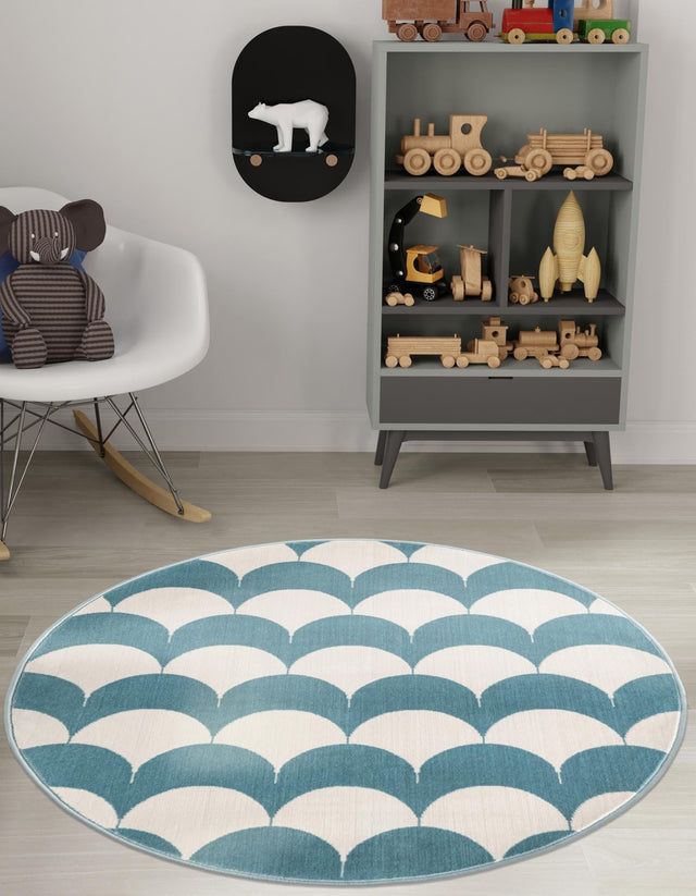 Sky blue 7' 10 x 7' 10 Whimsy Kids Round Area Rug for Baby Nursery, Toddler Playroom, Bedrooms Playful Fun Design Easy Clean Carpet for Sale at Rug Engine
