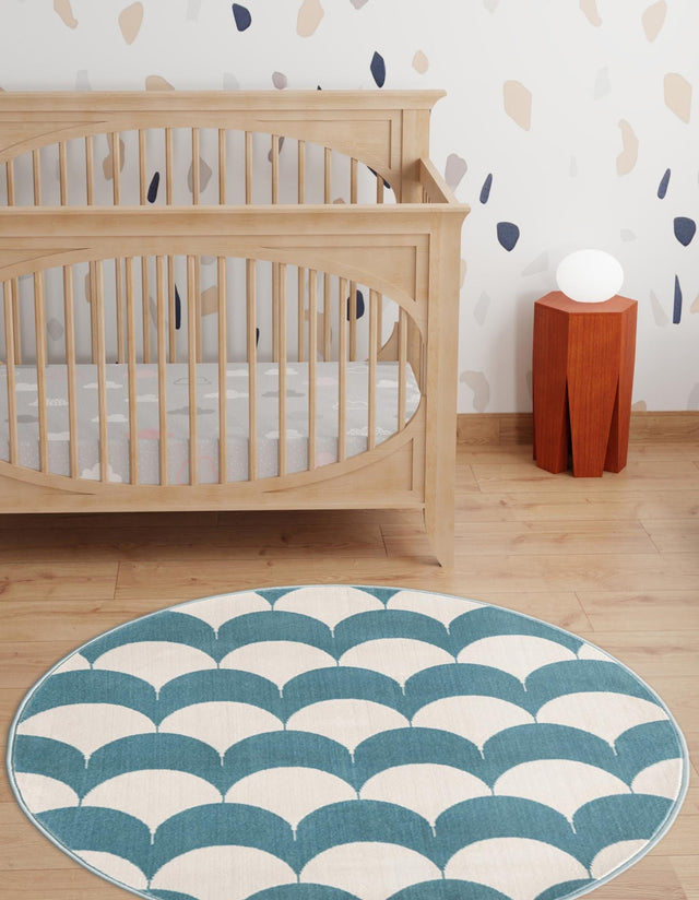 Sky blue 3' 1 x 3' 1 Whimsy Kids Round Area Rug for Baby Nursery, Toddler Playroom, Bedrooms