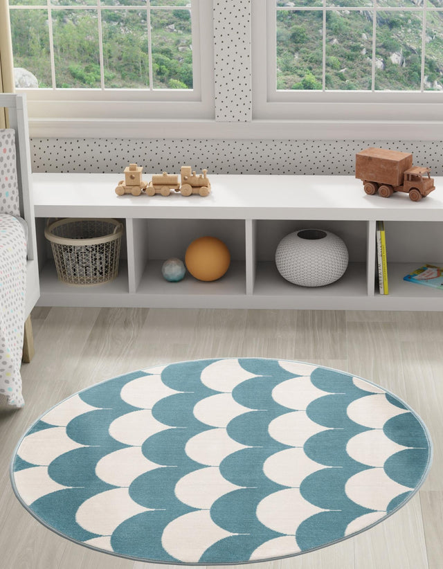 Sky blue 7' 10 x 7' 10 Whimsy Kids Round Area Rug for Baby Nursery, Toddler Playroom, Bedrooms Playful Fun Design Easy Clean Carpet for Sale at Rug Engine