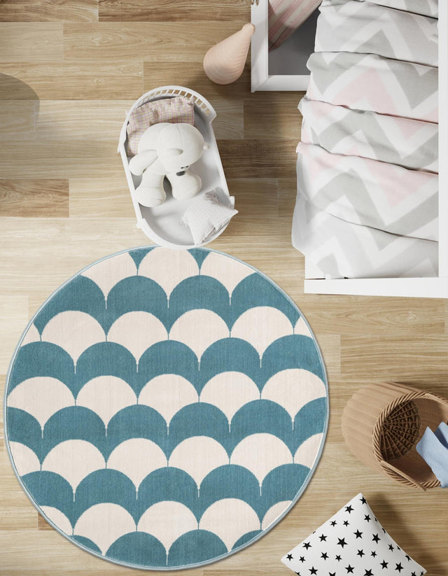 Sky blue 7' 10 x 7' 10 Whimsy Kids Round Area Rug for Baby Nursery, Toddler Playroom, Bedrooms Playful Fun Design Easy Clean Carpet for Sale at Rug Engine