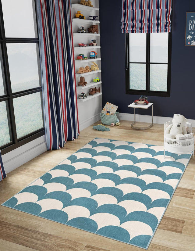 Sky blue 6' 1 x 9' Whimsy Kids Rectangle Area Rug for Baby Nursery, Toddler Playroom, Bedrooms Playful Fun Design Easy Clean Carpet for Sale at Rug Engine