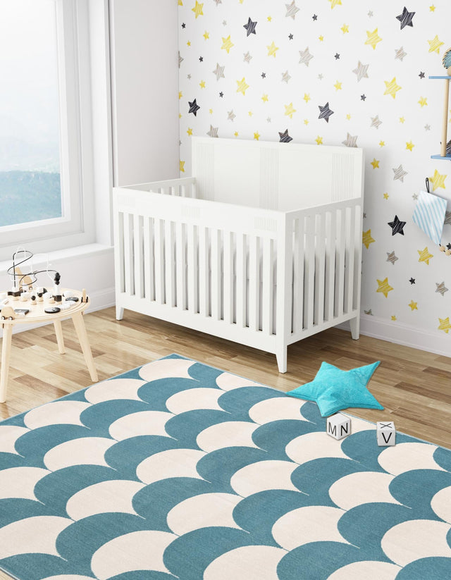 Sky blue 4' 1 x 6' 1 Whimsy Kids Rectangle Area Rug for Baby Nursery, Toddler Playroom, Bedrooms Playful Fun Design Easy Clean Carpet for Sale at Rug Engine