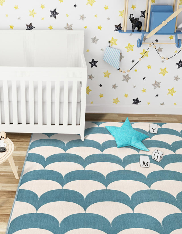 Sky blue 5' 3 x 8' Whimsy Kids Rectangle Area Rug for Baby Nursery, Toddler Playroom, Bedrooms Playful Fun Design Easy Clean Carpet for Sale at Rug Engine