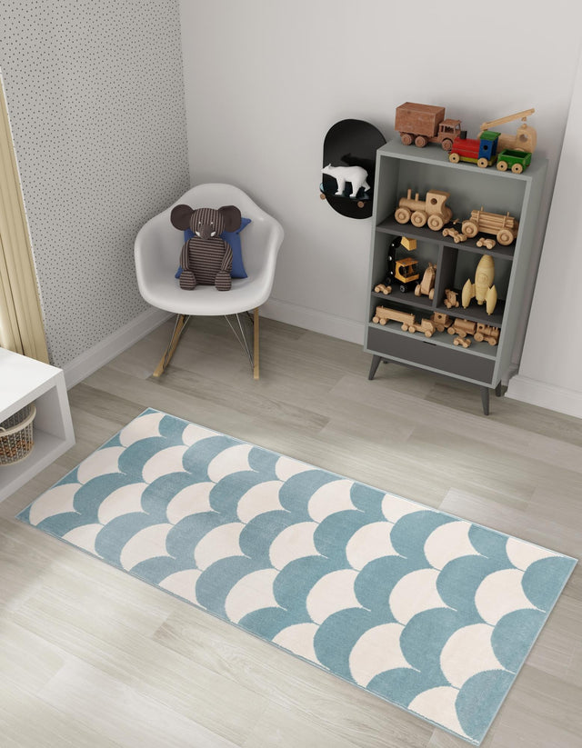 Sky blue 2' x 8' Whimsy Kids Runner Area Rug for Baby Nursery, Toddler Playroom, Bedrooms Playful Fun Design Easy Clean Carpet for Sale at Rug Engine