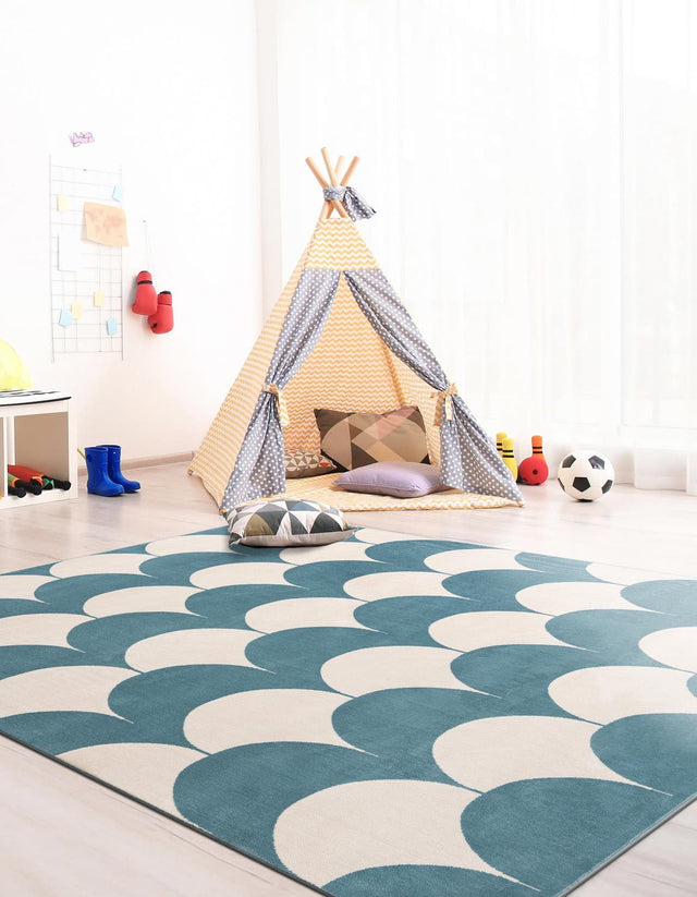 Sky blue 7' 10 x 7' 10 Whimsy Kids Square Area Rug for Baby Nursery, Toddler Playroom, Bedrooms Playful Fun Design Easy Clean Carpet for Sale at Rug Engine