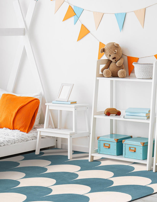 Sky blue 7' 10 x 7' 10 Whimsy Kids Square Area Rug for Baby Nursery, Toddler Playroom, Bedrooms Playful Fun Design Easy Clean Carpet for Sale at Rug Engine