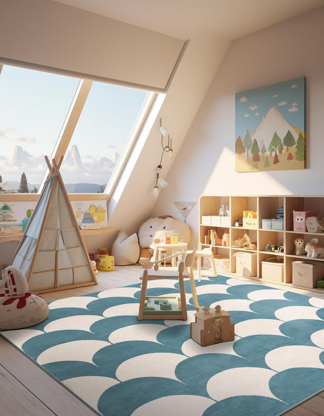 Sky blue 7' 10 x 7' 10 Whimsy Kids Square Area Rug for Baby Nursery, Toddler Playroom, Bedrooms Playful Fun Design Easy Clean Carpet for Sale at Rug Engine