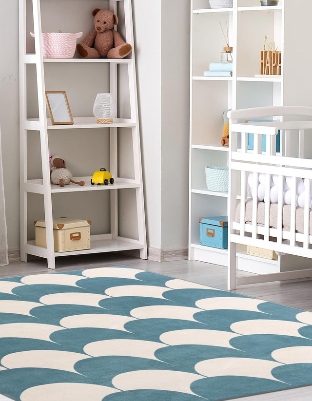 Sky blue 7' 10 x 7' 10 Whimsy Kids Square Area Rug for Baby Nursery, Toddler Playroom, Bedrooms Playful Fun Design Easy Clean Carpet for Sale at Rug Engine