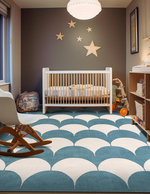 Sky blue 7' 10 x 7' 10 Whimsy Kids Square Area Rug for Baby Nursery, Toddler Playroom, Bedrooms Playful Fun Design Easy Clean Carpet for Sale at Rug Engine