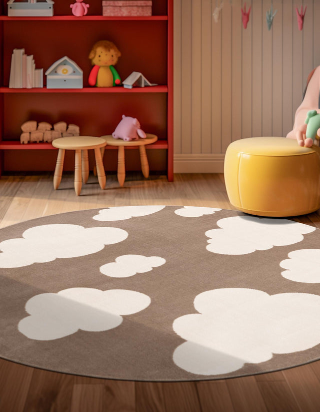 Hazelnut Beige 7' 10 x 7' 10 Whimsy Kids Round Area Rug for Baby Nursery, Toddler Playroom, Bedrooms
