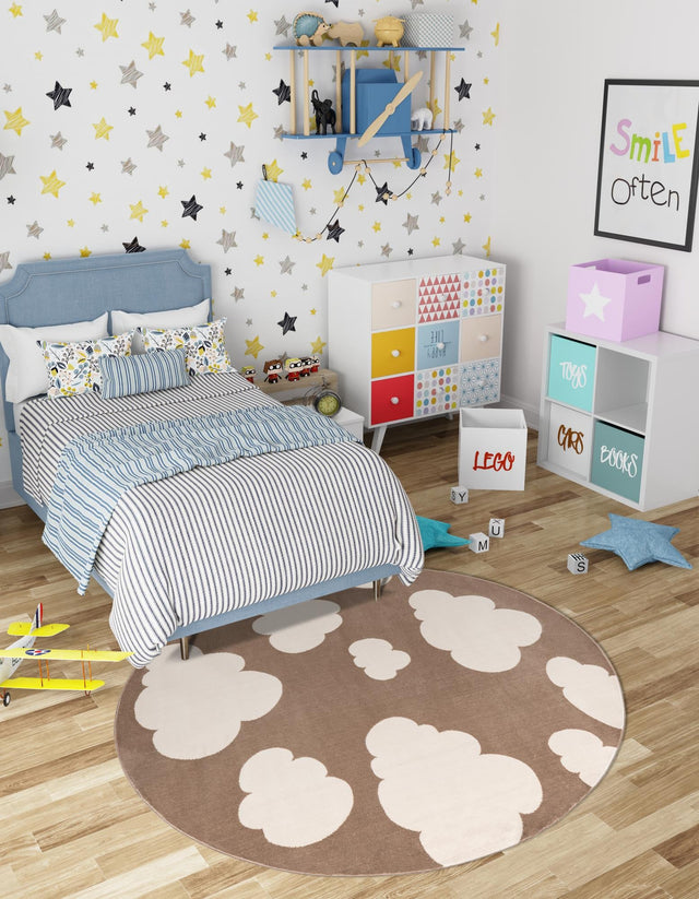 Hazelnut Beige 7' 10 x 7' 10 Whimsy Kids Round Area Rug for Baby Nursery, Toddler Playroom, Bedrooms