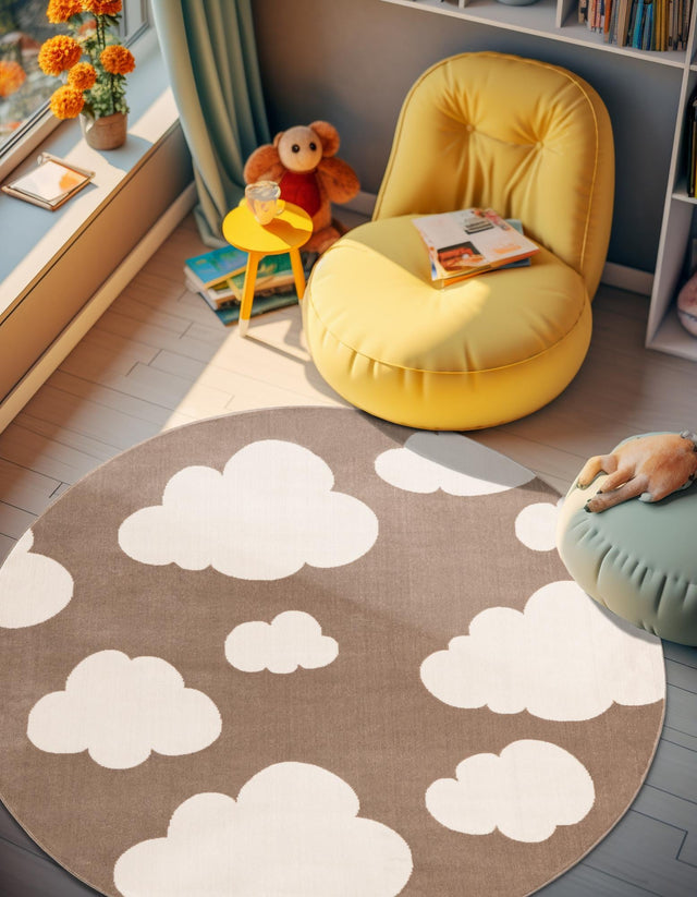 Hazelnut Beige 3' 1 x 3' 1 Whimsy Kids Round Area Rug for Baby Nursery, Toddler Playroom, Bedrooms Playful Fun Design Easy Clean Carpet for Sale at Rug Engine