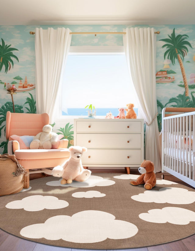 Hazelnut Beige 7' 10 x 7' 10 Whimsy Kids Round Area Rug for Baby Nursery, Toddler Playroom, Bedrooms
