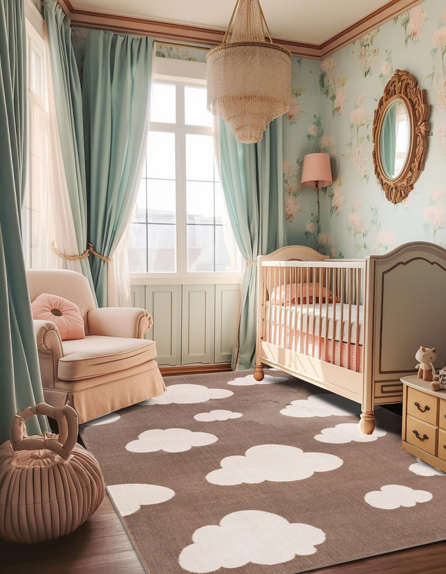 Hazelnut Beige 5' 3 x 8' Whimsy Kids Rectangle Area Rug for Baby Nursery, Toddler Playroom, Bedrooms