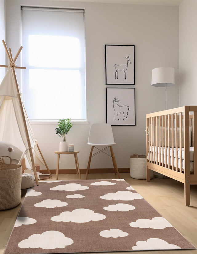 Hazelnut Beige 5' 3 x 8' Whimsy Kids Rectangle Area Rug for Baby Nursery, Toddler Playroom, Bedrooms