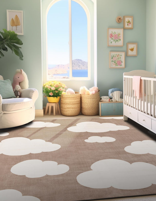 Hazelnut Beige 7' 10 x 7' 10 Whimsy Kids Square Area Rug for Baby Nursery, Toddler Playroom, Bedrooms