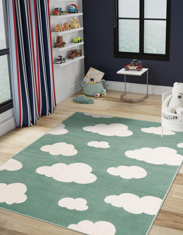 Soft Green 5' 3 x 8' Whimsy Kids Rectangle Area Rug for Baby Nursery, Toddler Playroom, Bedrooms Playful Fun Design Easy Clean Carpet for Sale at Rug Engine