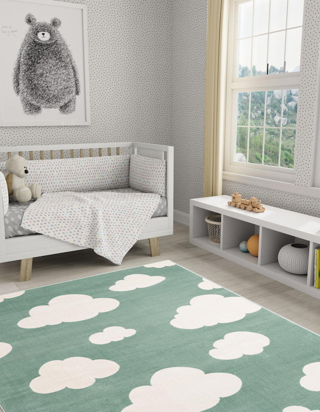 Soft Green 5' 3 x 8' Whimsy Kids Rectangle Area Rug for Baby Nursery, Toddler Playroom, Bedrooms Playful Fun Design Easy Clean Carpet for Sale at Rug Engine