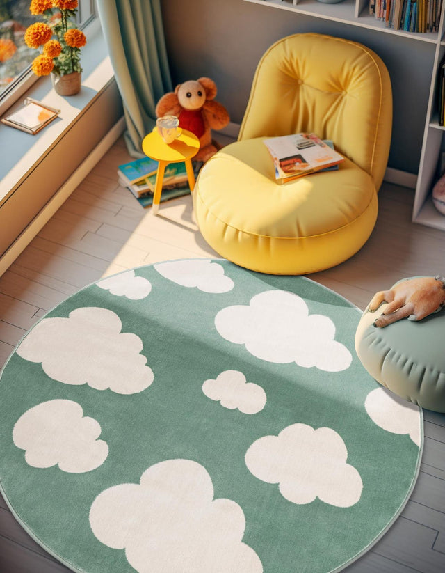 Soft Green 7' 10 x 7' 10 Whimsy Kids Round Area Rug for Baby Nursery, Toddler Playroom, Bedrooms