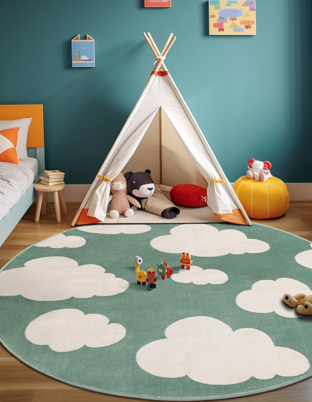 Soft Green 5' 3 x 5' 3 Whimsy Kids Round Area Rug for Baby Nursery, Toddler Playroom, Bedrooms Playful Fun Design Easy Clean Carpet for Sale at Rug Engine