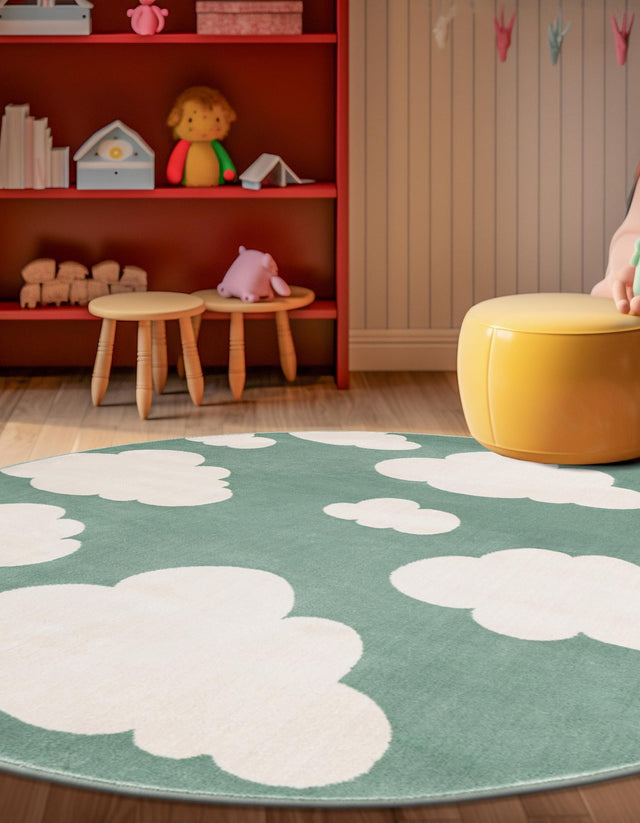 Soft Green 7' 10 x 7' 10 Whimsy Kids Round Area Rug for Baby Nursery, Toddler Playroom, Bedrooms