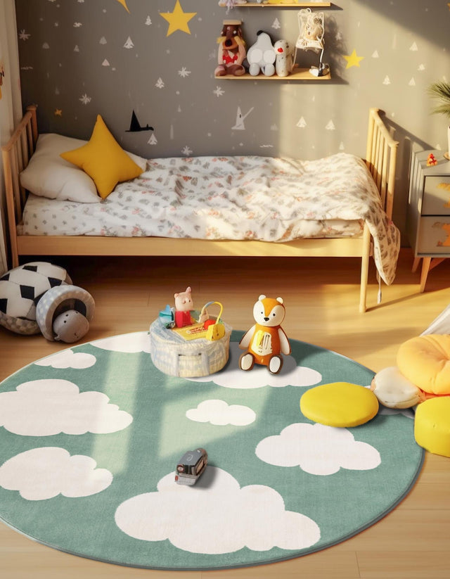 Soft Green 5' 3 x 5' 3 Whimsy Kids Round Area Rug for Baby Nursery, Toddler Playroom, Bedrooms Playful Fun Design Easy Clean Carpet for Sale at Rug Engine