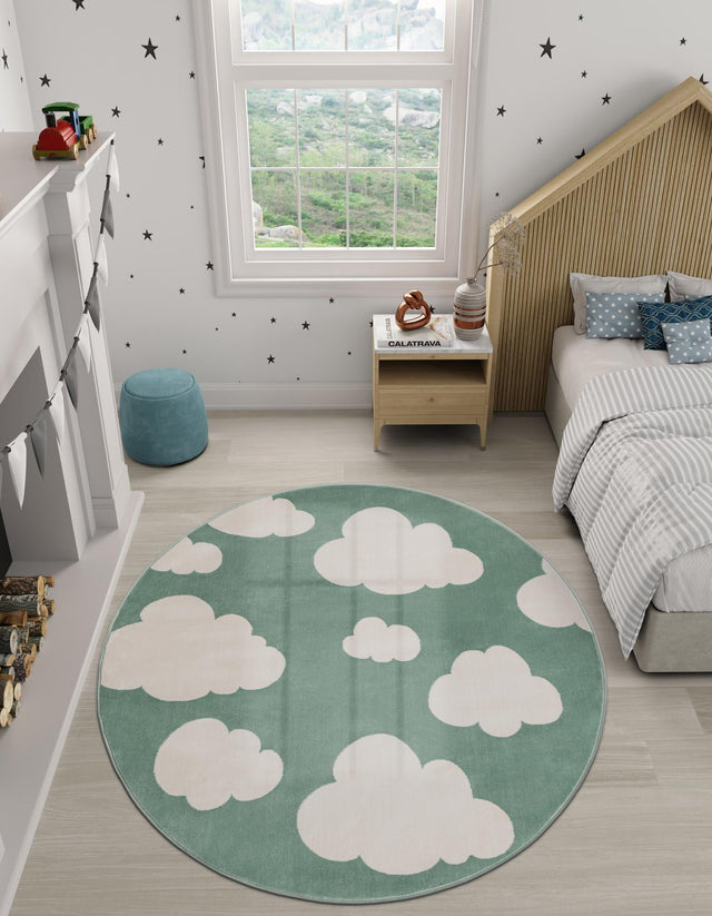 Soft Green 3' 1 x 3' 1 Whimsy Kids Round Area Rug for Baby Nursery, Toddler Playroom, Bedrooms Playful Fun Design Easy Clean Carpet for Sale at Rug Engine