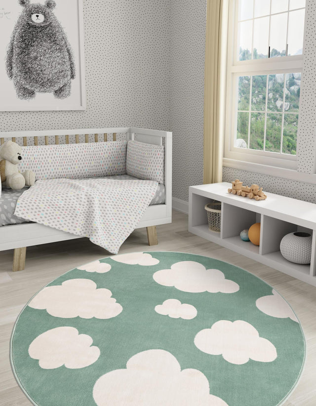 Soft Green 7' 10 x 7' 10 Whimsy Kids Round Area Rug for Baby Nursery, Toddler Playroom, Bedrooms