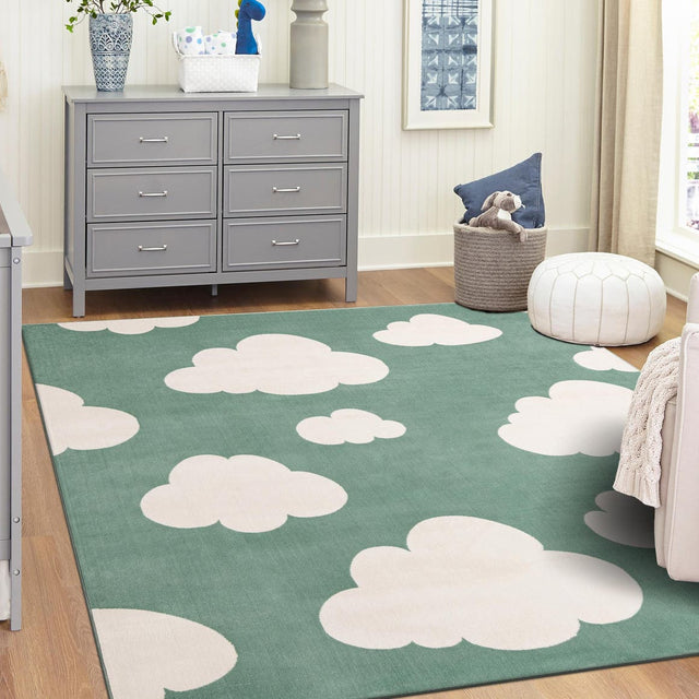 Soft Green 7' 10 x 7' 10 Whimsy Kids Square Area Rug for Baby Nursery, Toddler Playroom, Bedrooms Playful Fun Design Easy Clean Carpet for Sale at Rug Engine
