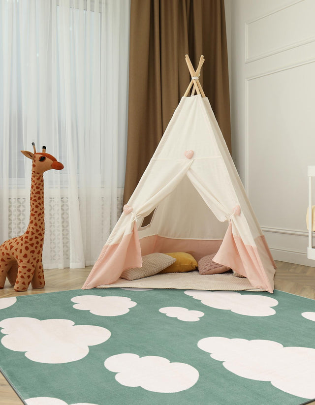 Soft Green 7' 10 x 7' 10 Whimsy Kids Square Area Rug for Baby Nursery, Toddler Playroom, Bedrooms Playful Fun Design Easy Clean Carpet for Sale at Rug Engine