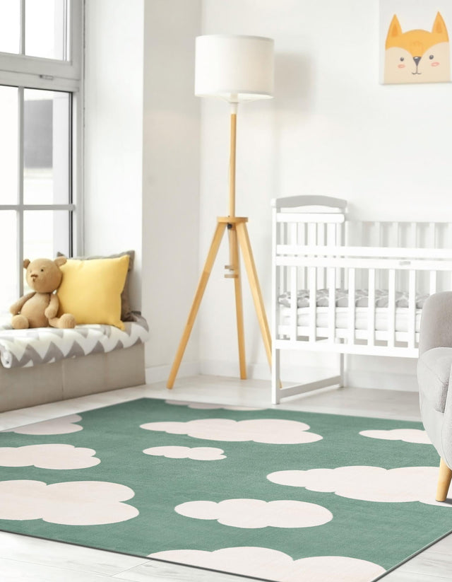 Soft Green 7' 10 x 7' 10 Whimsy Kids Square Area Rug for Baby Nursery, Toddler Playroom, Bedrooms Playful Fun Design Easy Clean Carpet for Sale at Rug Engine