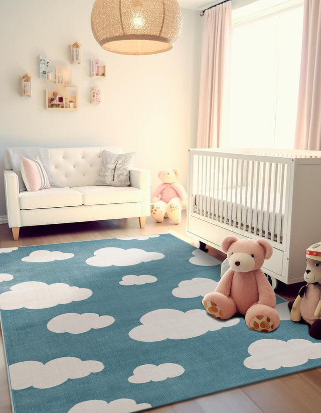 Sky blue 10' x 13' 1 Whimsy Kids Rectangle Area Rug for Baby Nursery, Toddler Playroom, Bedrooms Playful Fun Design Easy Clean Carpet for Sale at Rug Engine