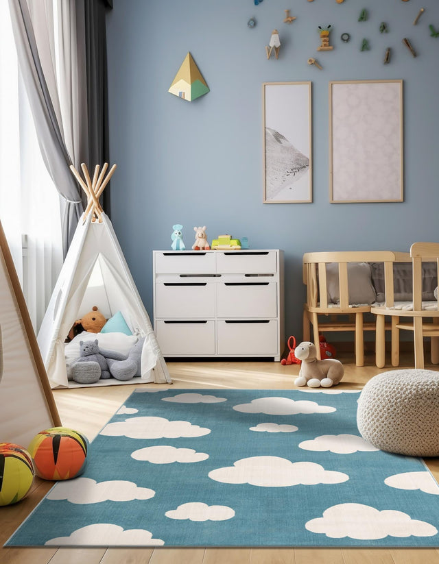 Sky blue 10' x 13' 1 Whimsy Kids Rectangle Area Rug for Baby Nursery, Toddler Playroom, Bedrooms Playful Fun Design Easy Clean Carpet for Sale at Rug Engine