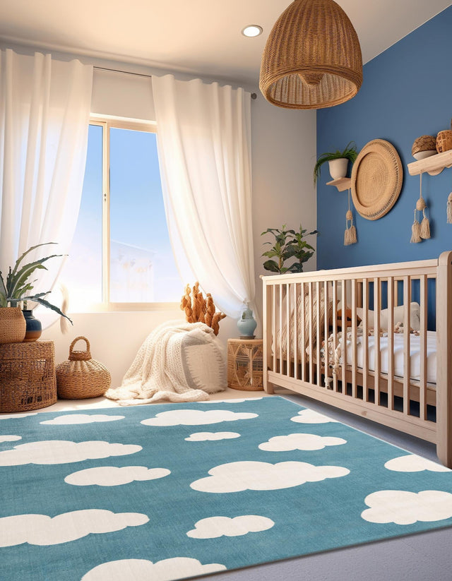 Sky blue 10' x 13' 1 Whimsy Kids Rectangle Area Rug for Baby Nursery, Toddler Playroom, Bedrooms Playful Fun Design Easy Clean Carpet for Sale at Rug Engine