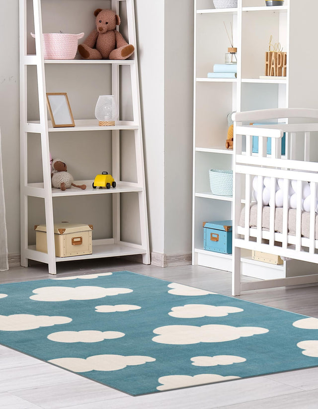 Sky blue 10' x 13' 1 Whimsy Kids Rectangle Area Rug for Baby Nursery, Toddler Playroom, Bedrooms Playful Fun Design Easy Clean Carpet for Sale at Rug Engine