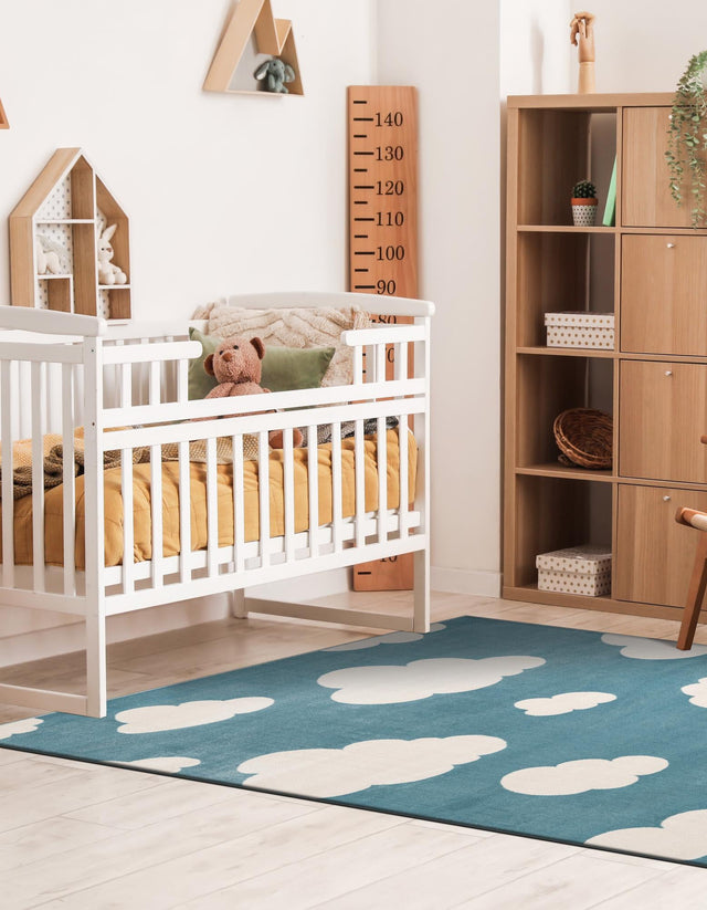 Sky blue 10' x 13' 1 Whimsy Kids Rectangle Area Rug for Baby Nursery, Toddler Playroom, Bedrooms Playful Fun Design Easy Clean Carpet for Sale at Rug Engine