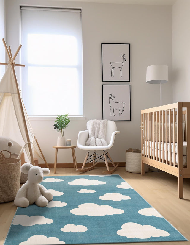Sky blue 10' x 13' 1 Whimsy Kids Rectangle Area Rug for Baby Nursery, Toddler Playroom, Bedrooms Playful Fun Design Easy Clean Carpet for Sale at Rug Engine