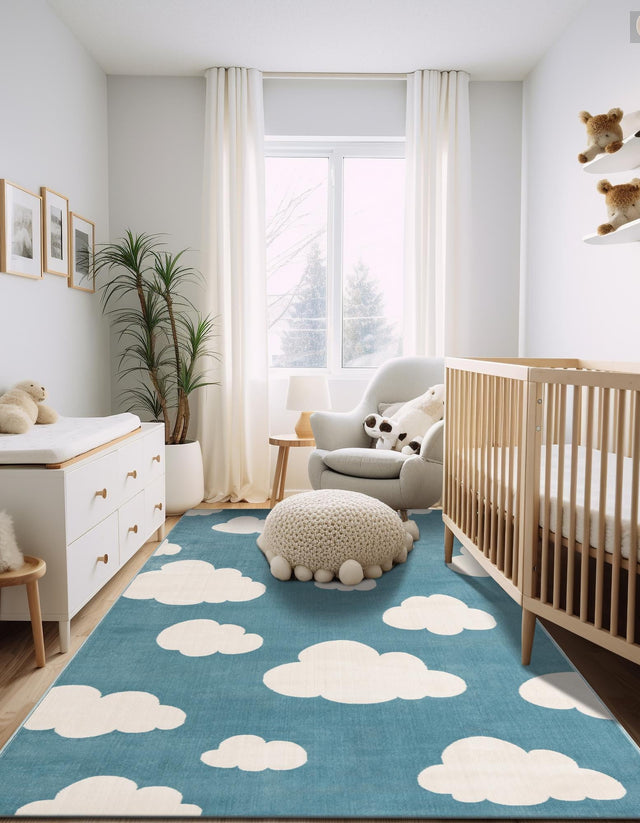 Sky blue 10' x 13' 1 Whimsy Kids Rectangle Area Rug for Baby Nursery, Toddler Playroom, Bedrooms Playful Fun Design Easy Clean Carpet for Sale at Rug Engine