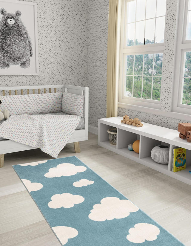Sky blue 2' x 8' Whimsy Kids Runner Area Rug for Baby Nursery, Toddler Playroom, Bedrooms Playful Fun Design Easy Clean Carpet for Sale at Rug Engine