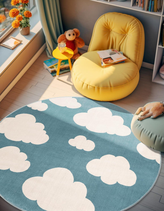 Sky blue 4' 1 x 4' 1 Whimsy Kids Round Area Rug for Baby Nursery, Toddler Playroom, Bedrooms Playful Fun Design Easy Clean Carpet for Sale at Rug Engine