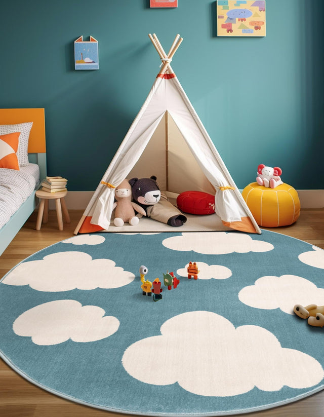 Sky blue 4' 1 x 4' 1 Whimsy Kids Round Area Rug for Baby Nursery, Toddler Playroom, Bedrooms Playful Fun Design Easy Clean Carpet for Sale at Rug Engine