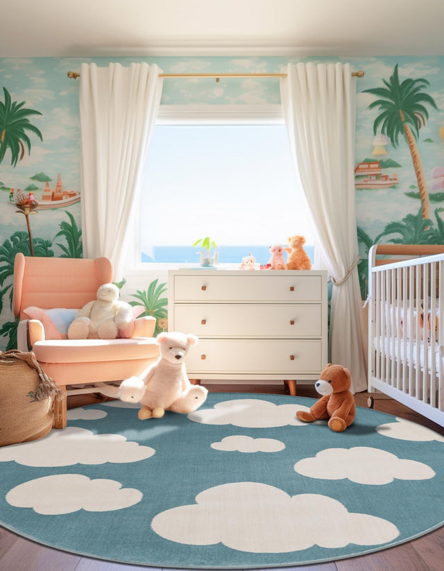 Sky blue 7' 10 x 7' 10 Whimsy Kids Round Area Rug for Baby Nursery, Toddler Playroom, Bedrooms