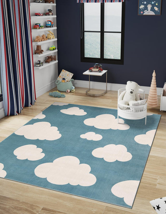 Sky blue 7' 10 x 7' 10 Whimsy Kids Square Area Rug for Baby Nursery, Toddler Playroom, Bedrooms Playful Fun Design Easy Clean Carpet for Sale at Rug Engine