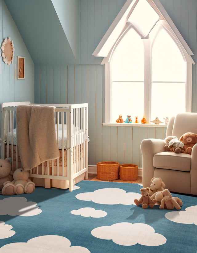 Sky blue 7' 10 x 7' 10 Whimsy Kids Square Area Rug for Baby Nursery, Toddler Playroom, Bedrooms Playful Fun Design Easy Clean Carpet for Sale at Rug Engine