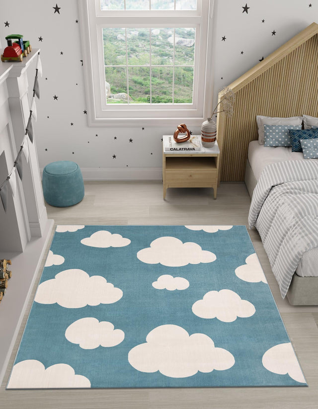 Sky blue 7' 10 x 7' 10 Whimsy Kids Square Area Rug for Baby Nursery, Toddler Playroom, Bedrooms Playful Fun Design Easy Clean Carpet for Sale at Rug Engine