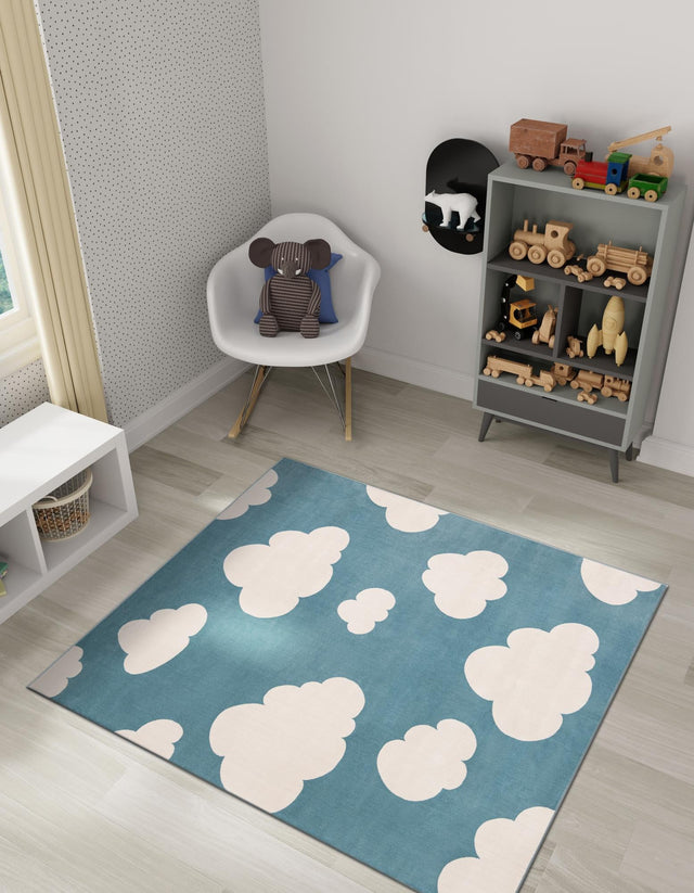 Sky blue 7' 10 x 7' 10 Whimsy Kids Square Area Rug for Baby Nursery, Toddler Playroom, Bedrooms Playful Fun Design Easy Clean Carpet for Sale at Rug Engine