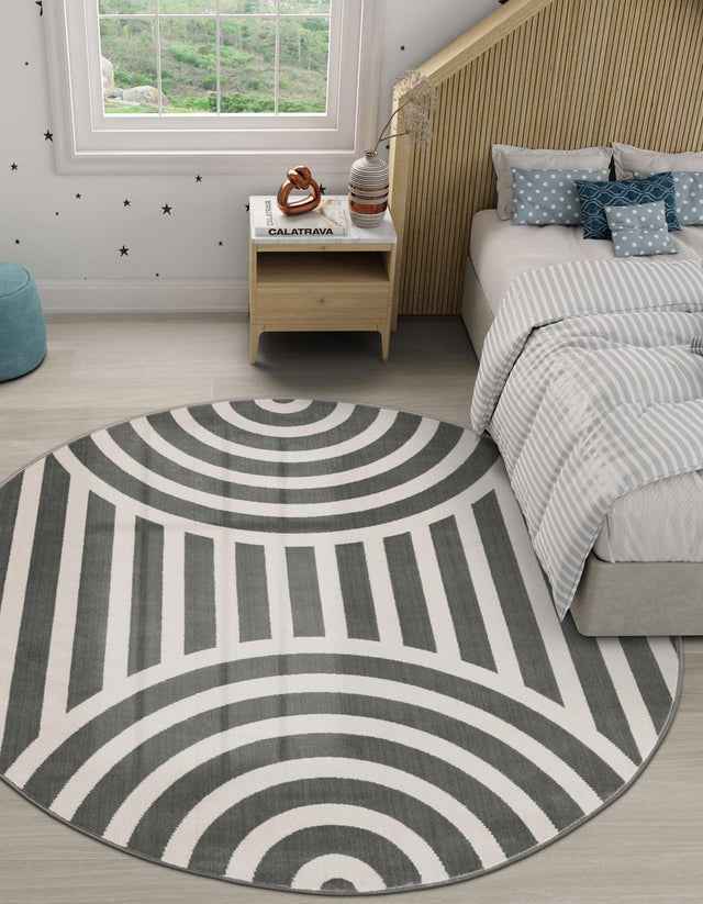 Silver Gray 4' 1 x 4' 1 Whimsy Kids Round Area Rug for Baby Nursery, Toddler Playroom, Bedrooms Playful Fun Design Easy Clean Carpet for Sale at Rug Engine