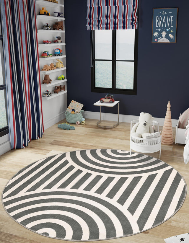 Silver Gray 4' 1 x 4' 1 Whimsy Kids Round Area Rug for Baby Nursery, Toddler Playroom, Bedrooms Playful Fun Design Easy Clean Carpet for Sale at Rug Engine