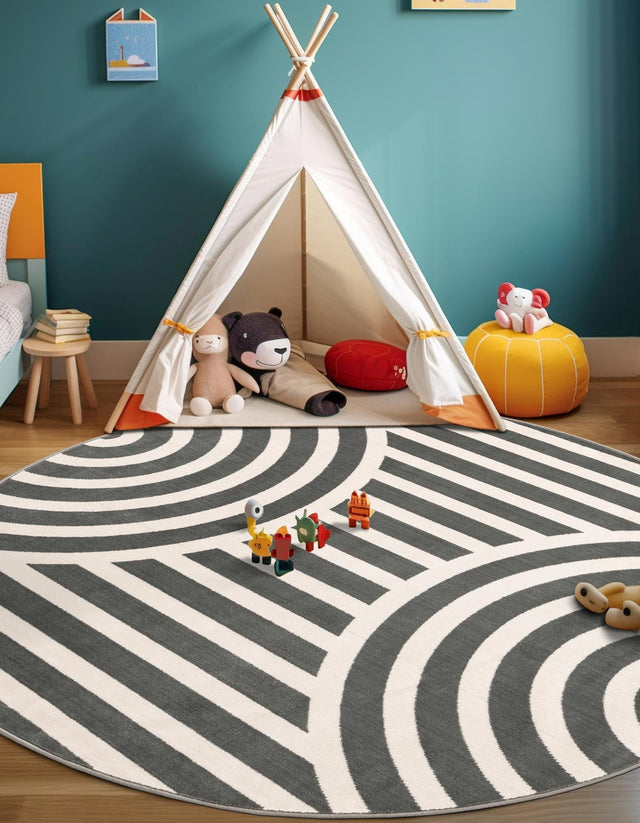 Silver Gray 3' 1 x 3' 1 Whimsy Kids Round Area Rug for Baby Nursery, Toddler Playroom, Bedrooms Playful Fun Design Easy Clean Carpet for Sale at Rug Engine