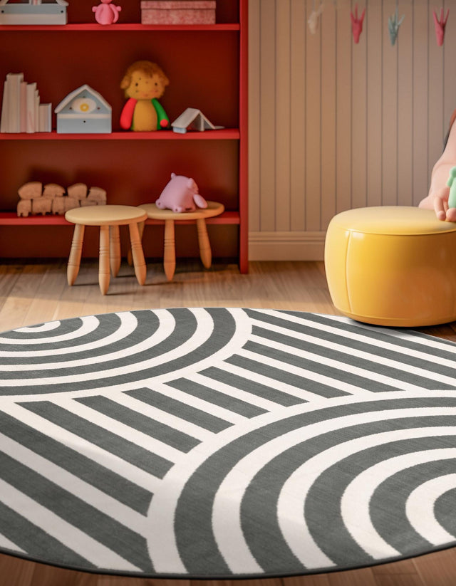 Silver Gray 5' 3 x 5' 3 Whimsy Kids Round Area Rug for Baby Nursery, Toddler Playroom, Bedrooms Playful Fun Design Easy Clean Carpet for Sale at Rug Engine